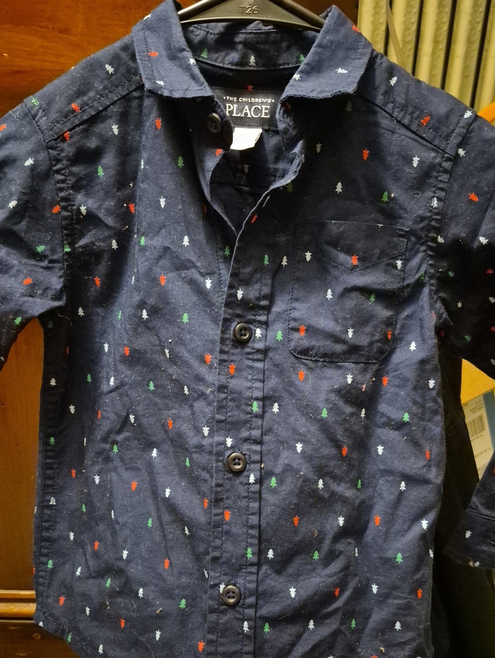 2TThe Children's Place Navy Button-Down Shirt with Red, Green & White Tree Print